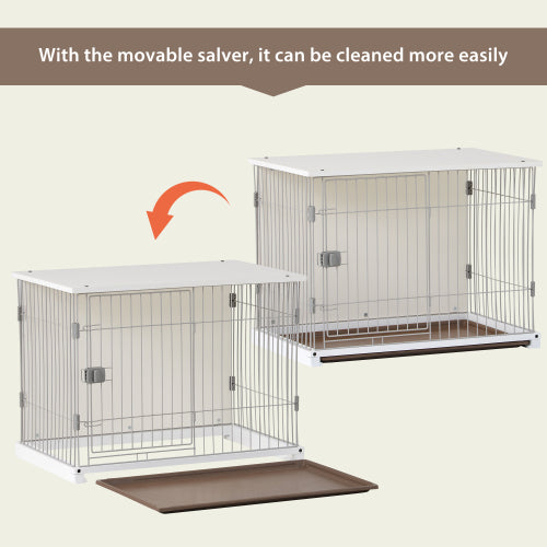 White Dog Crate， 34” Length Single Door Pet Dog House Cage with Movable Salver