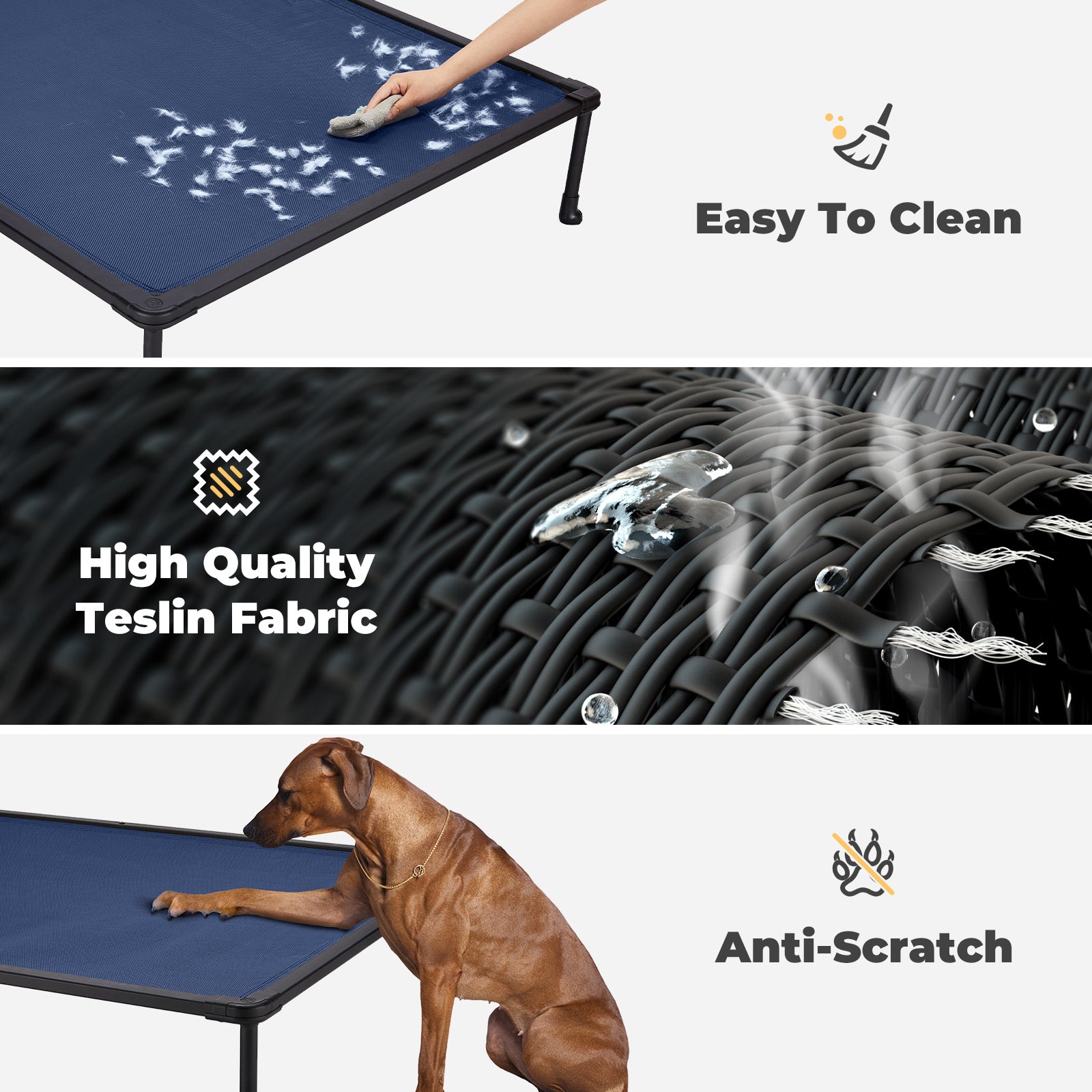 Veehoo Chewproof Dog Bed， Cooling Raised Dog Cots with Black Metal Frame， Large， Blue