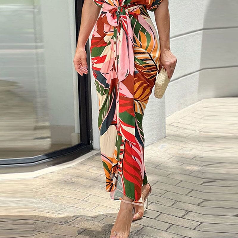 Lapel Tie Leaf Print Dress