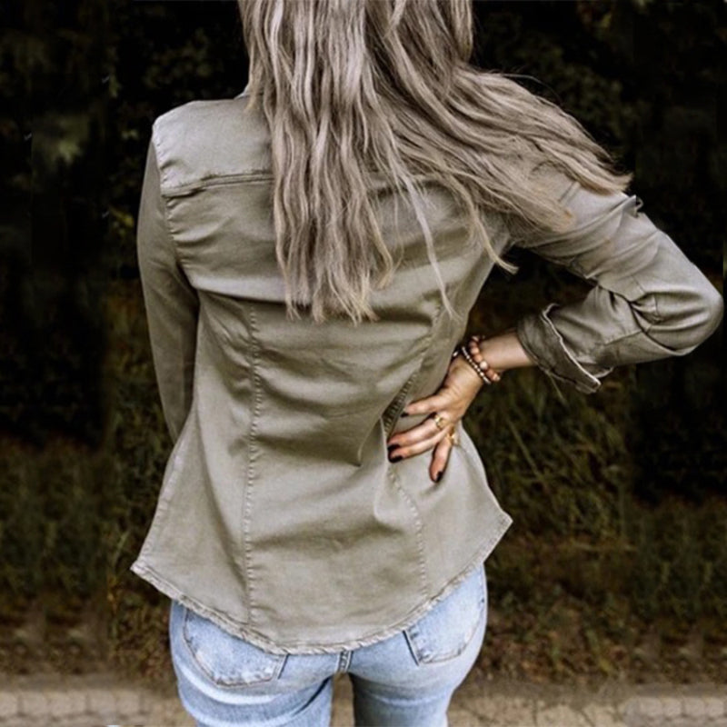 Solid Color Lapel Neck Pleated Denim Jacket