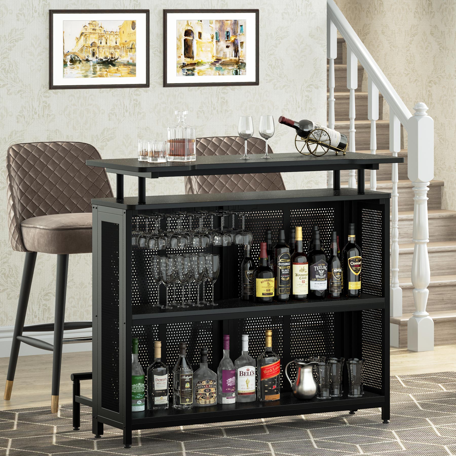 Home Bar Unit, 3-Tier Liquor Bar Table with Stemware Racks