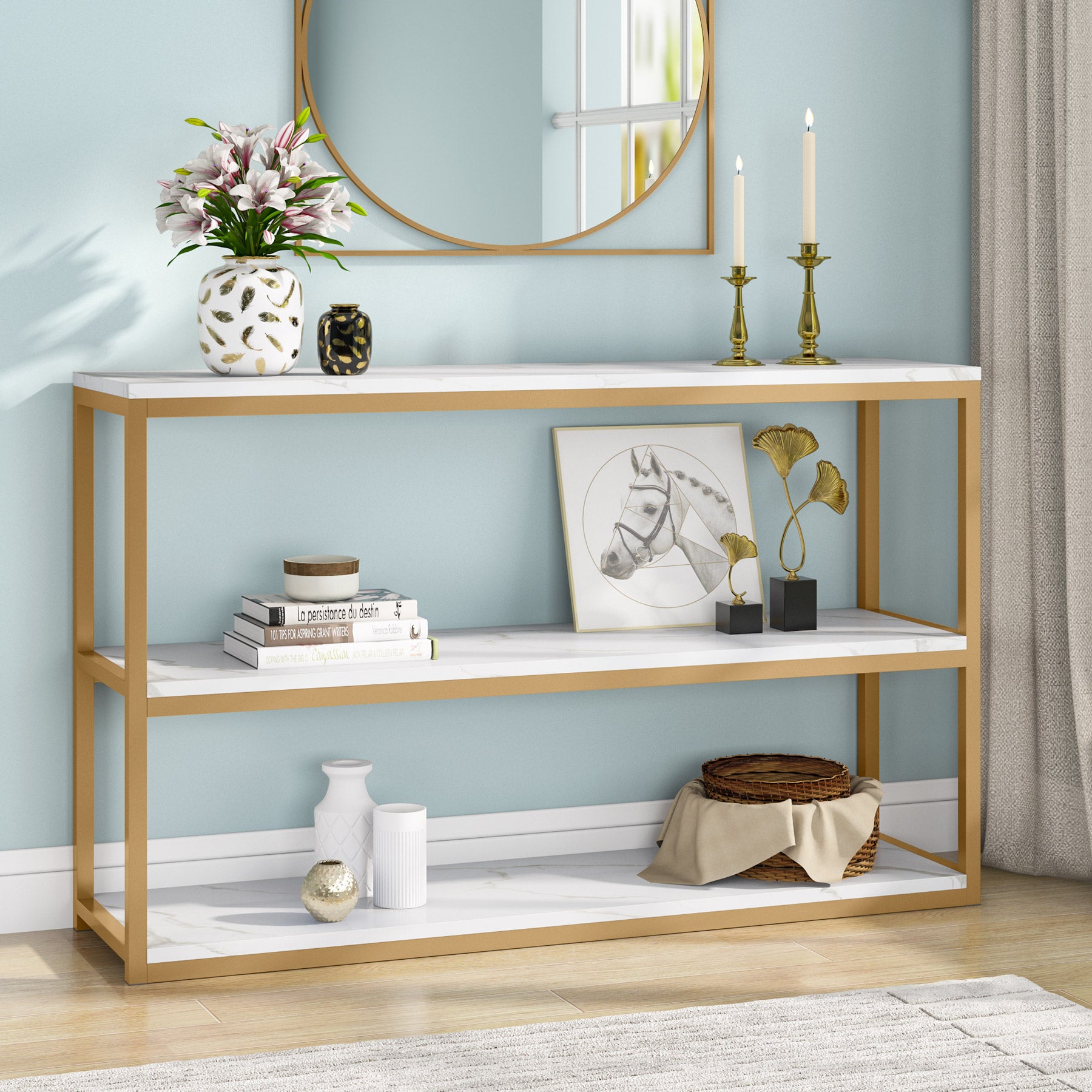 3-Tier Console Table, Modern Sofa Entryway Table with Faux Marble Top