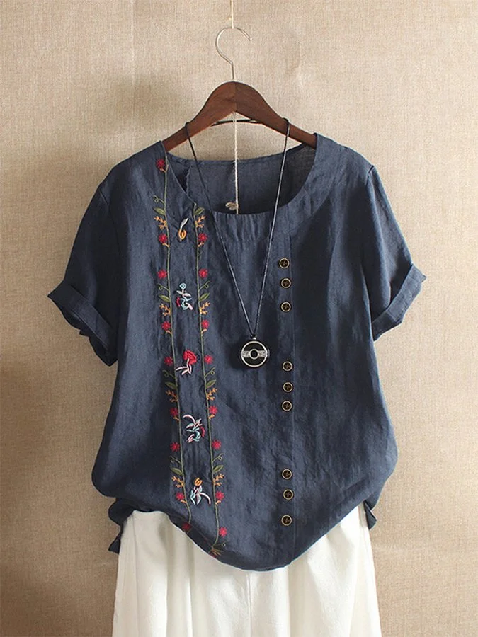 Women's Vintage Cotton Linen Embroidered Round Neck Short Sleeve T-Shirt