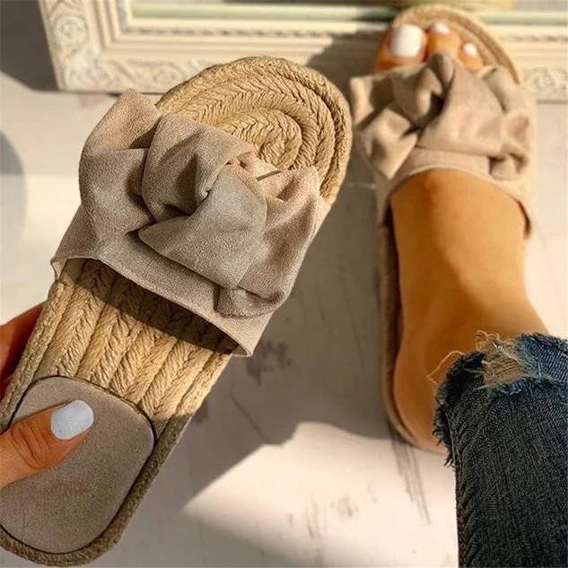 Women Suede Bowknot Design Hempen Cord Flat Slipper