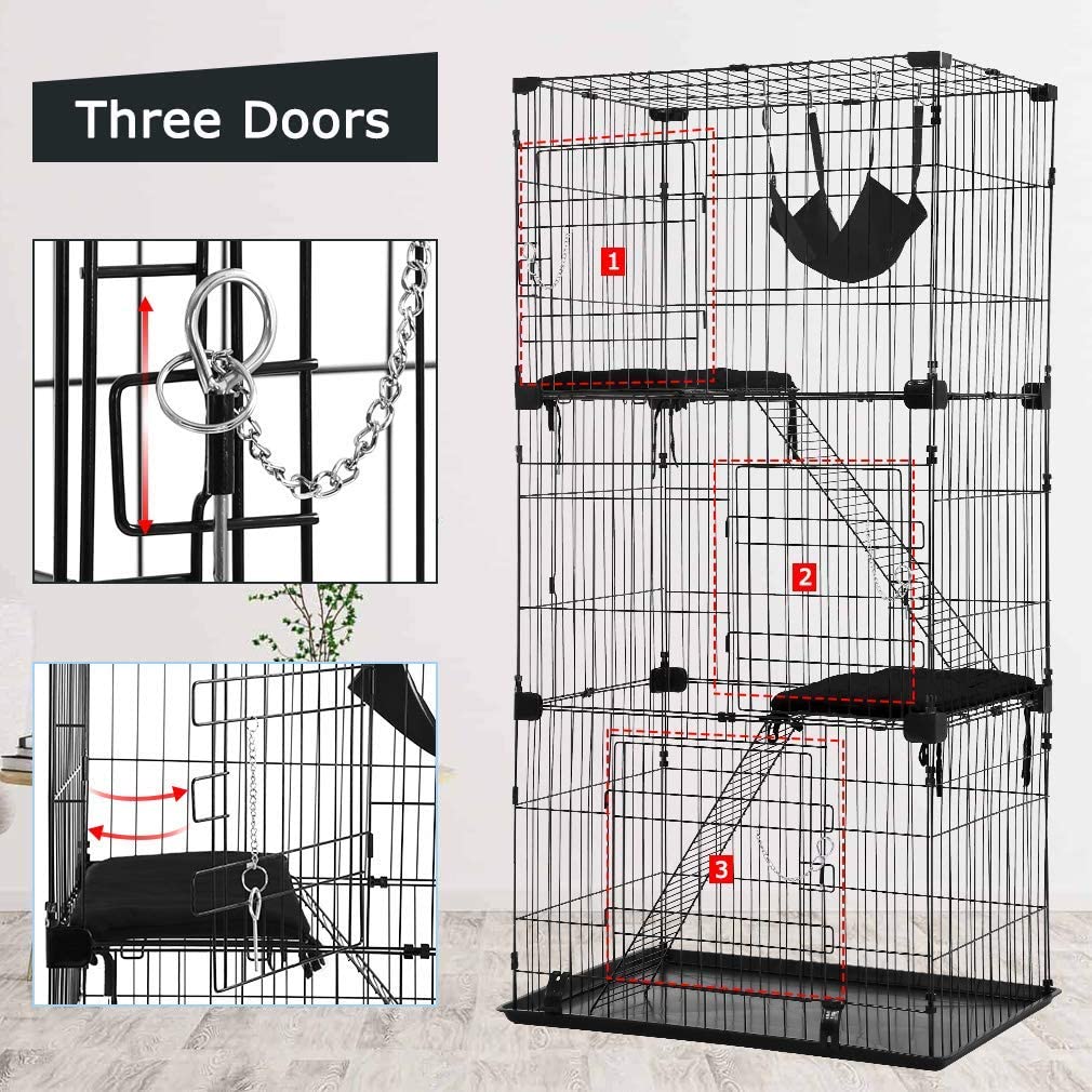 67 inch Cat Playpen Cage Cat Kennel Large Cat Cage Playpen Cat Crates for Indoor Cats with Free Hammock 3 Cat Bed 3 Front Doors 2 Ramp Ladders Perching Shelves， Black