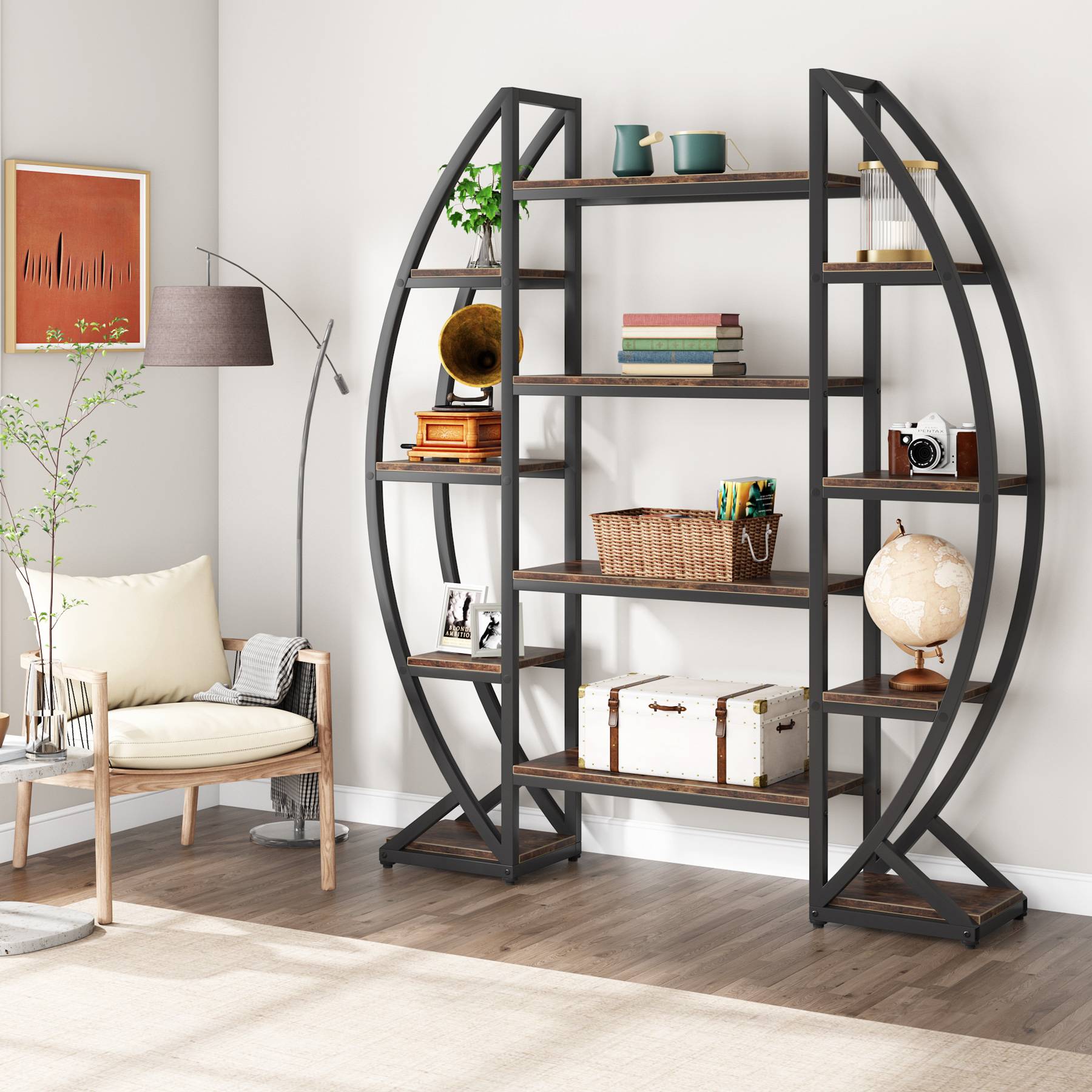 Industrial Bookshelf, Oval Triple Wide Etagere Bookcases Display Shelves