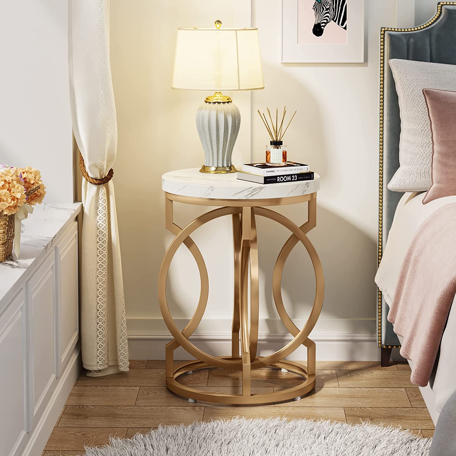 Round End Table, Modern Bedside Table with Faux Marble Top