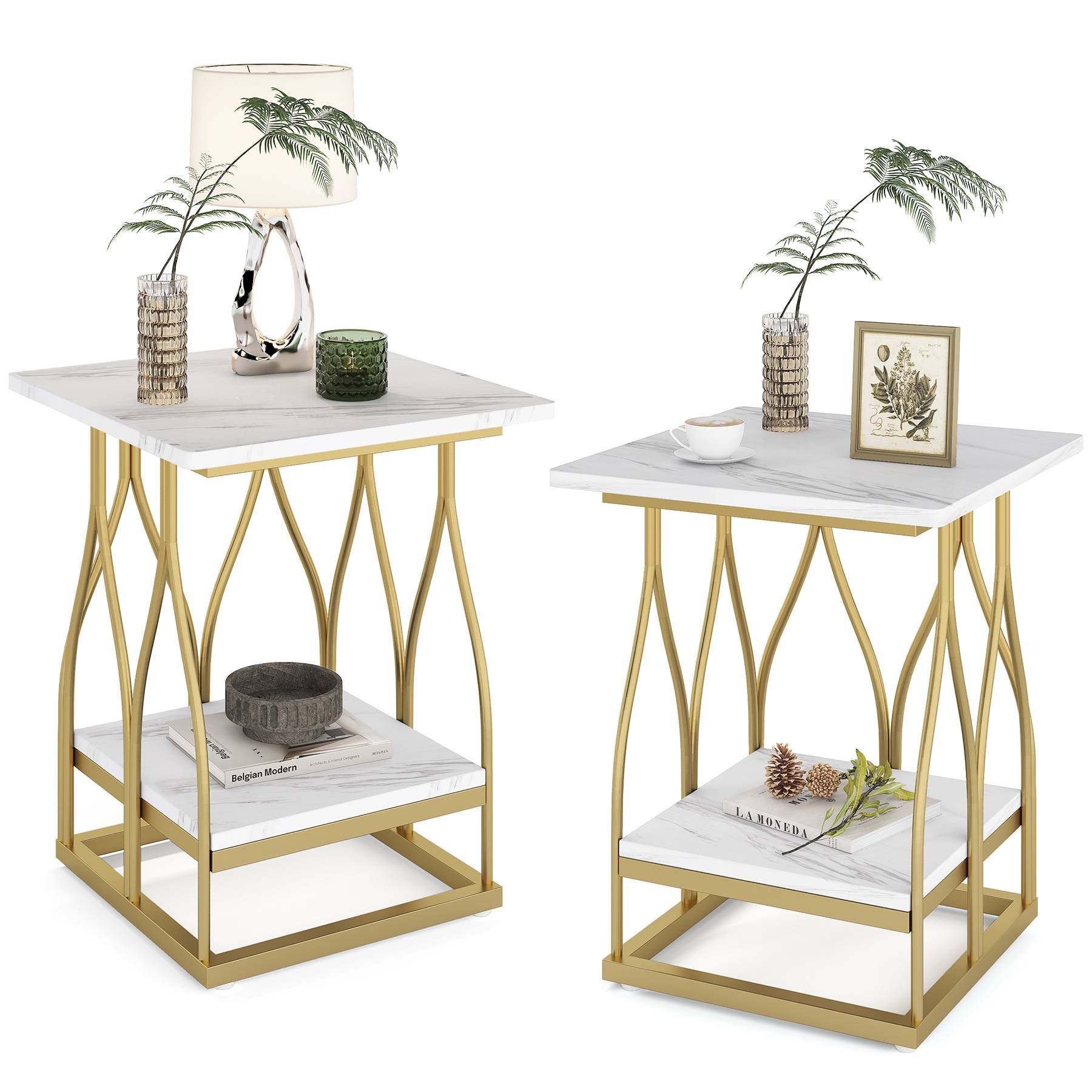 2-Tier End Table, Square Side Table Faux Marble Accent Table