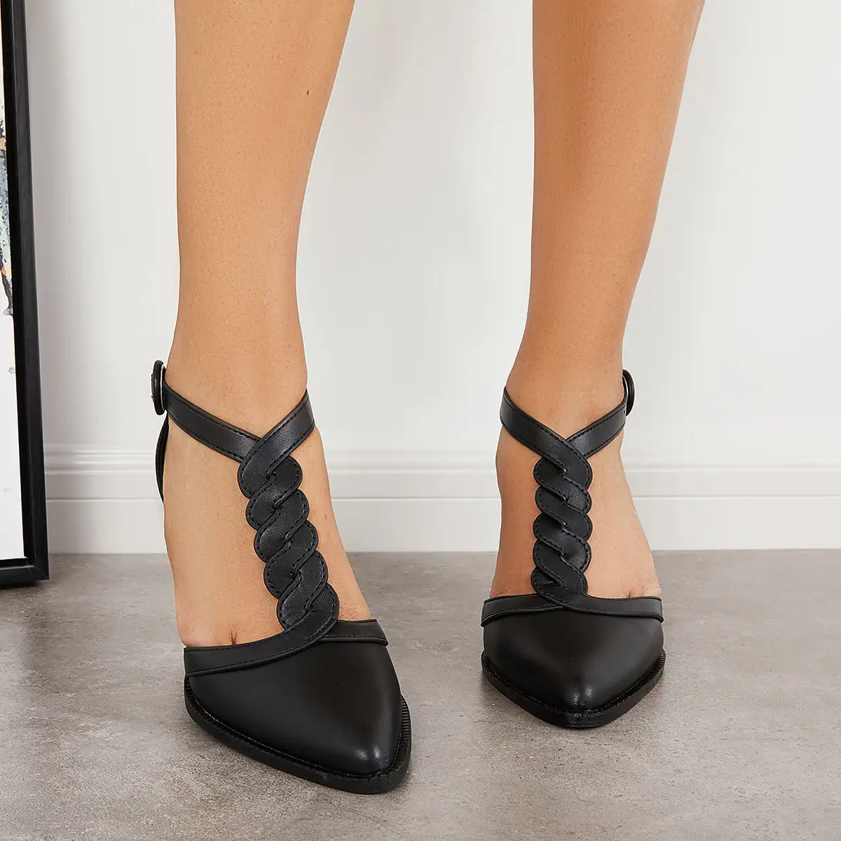 Pointed Toe Twist T-Strap Dress Pumps Ankle Strap Block Heels