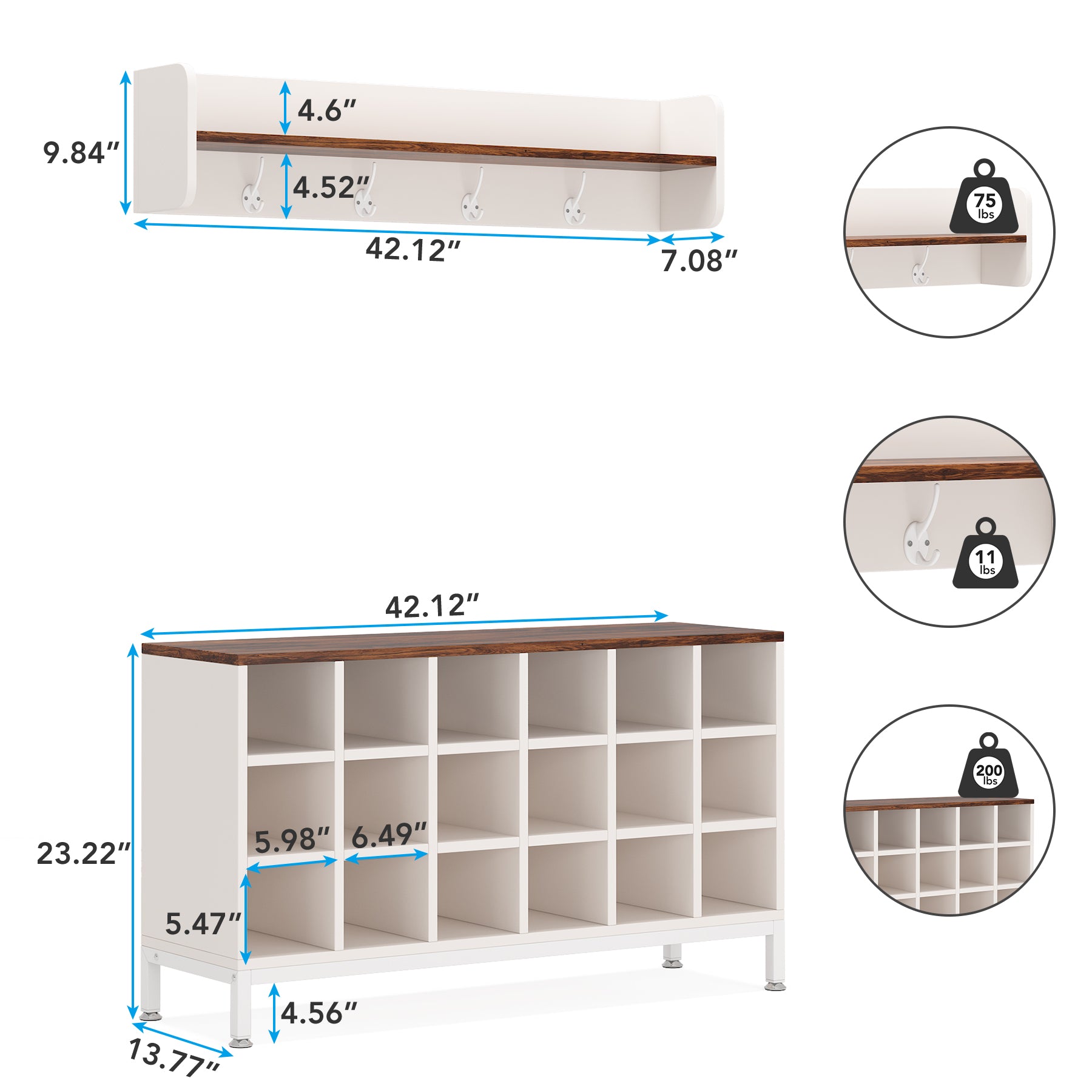 Coat Rack Shoe Bench Set, Hall Tree with Bench and 18 Shoe Cubbies