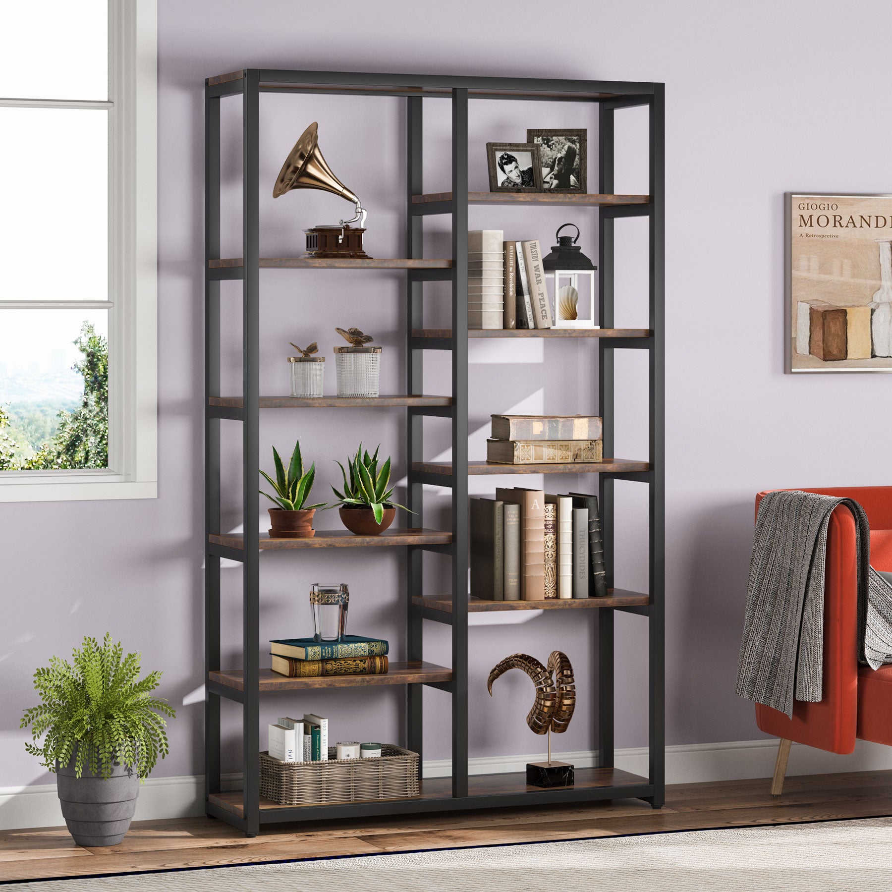 Industrial Bookshelf Bookcase, 10-Open Shelf Etagere Bookcase