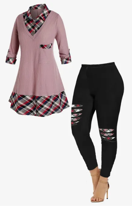 2 In 1 Plaid Shirt Collar Sweater and 3D Ripped Plaid Printed Leggings Plus Size Outerwear Outfit