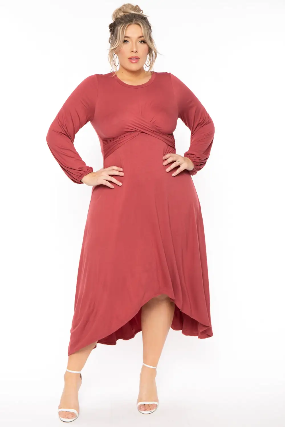 Plus Size Alinna twist front long sleeve high low Maxi Dress- Brick