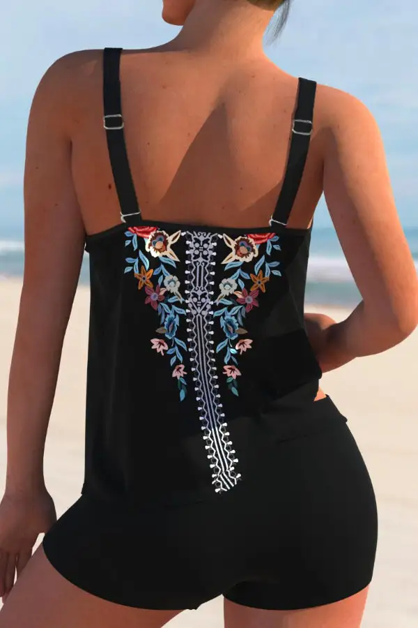 Multi Color Double Straps Tribal Print Tankini Set