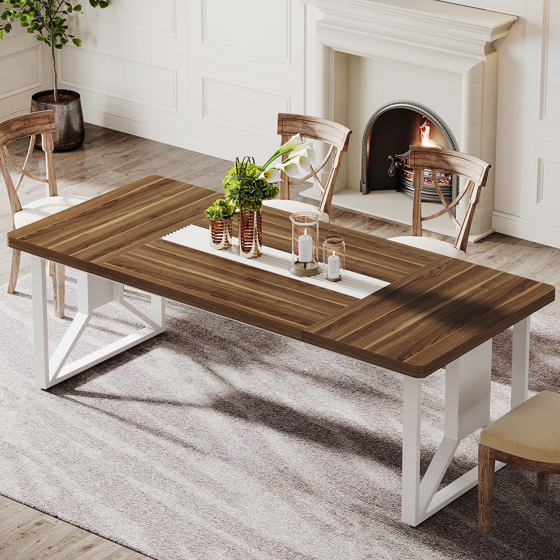 Wood Dining Table, 74.8-Inch Farmhouse Kitchen Table for 6-8 People