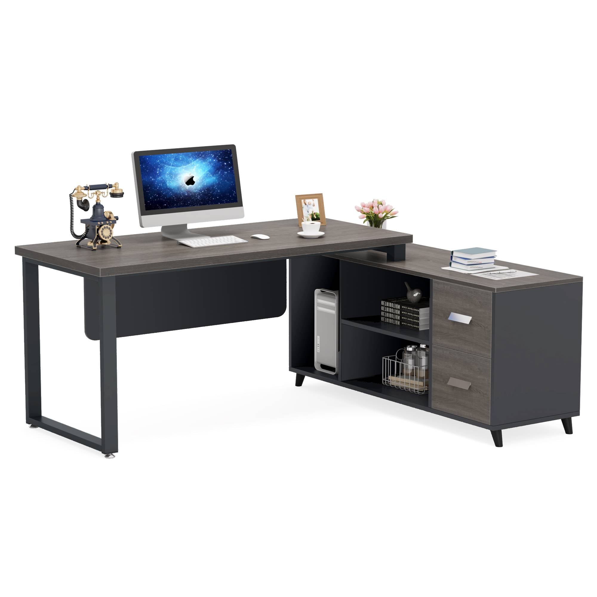 55 Inch L-Shaped Computer Executive Desk with 47 inch File Cabinet