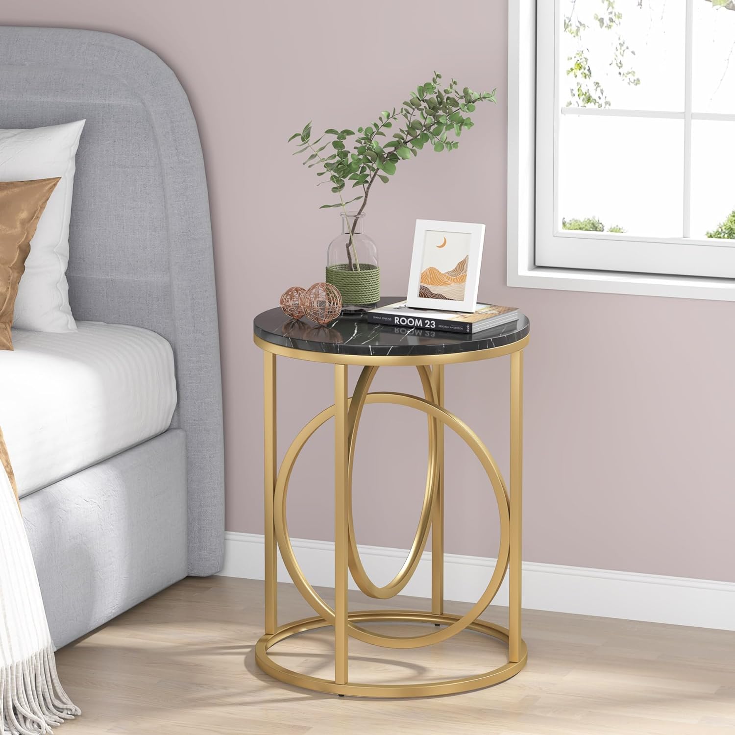 Round End Table, Modern Sofa Side Table with Faux Marble Top