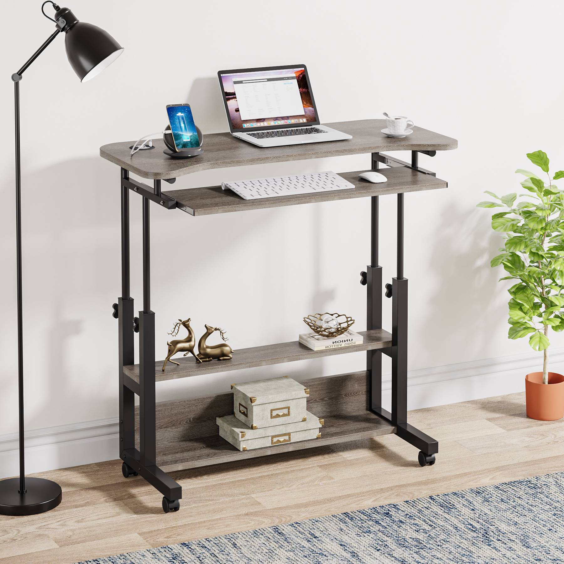 Height Adjustable Desk, Mobile Portable Desk with Wireless Charging Station