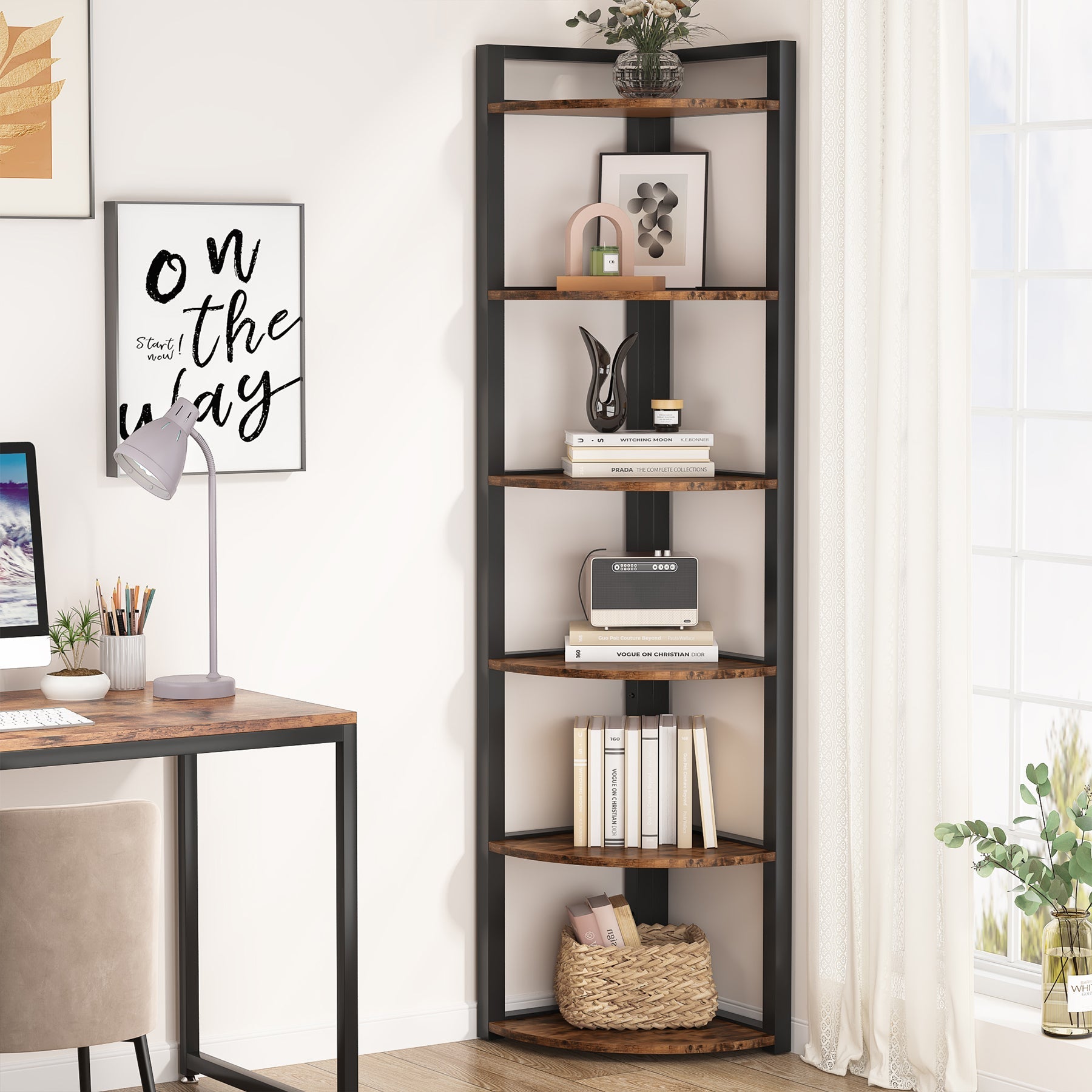 6-Tier Corner Shelf, Small Corner Bookshelf Storage Rack