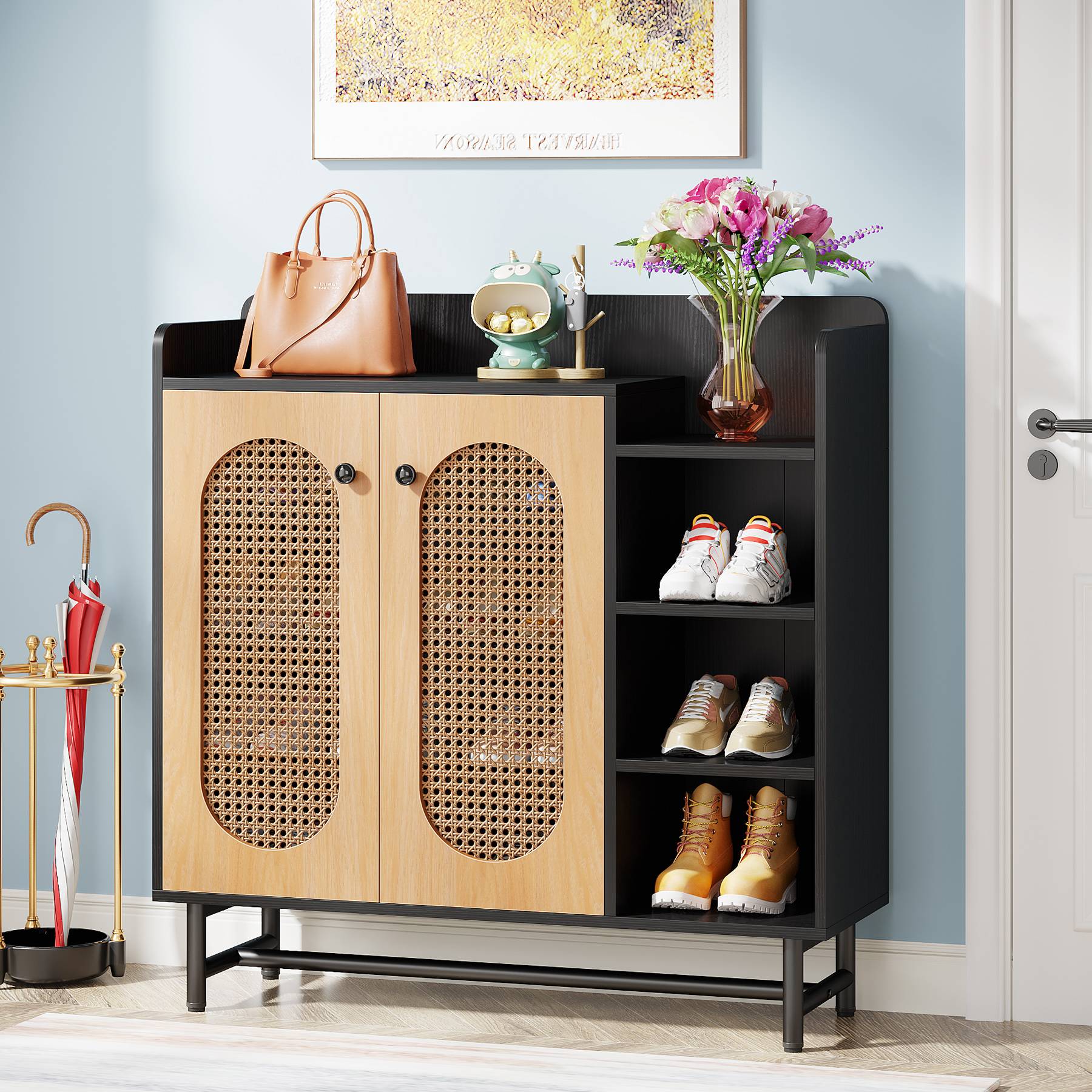 Rattan Shoe Cabinet, Shoe Storage Organizer with Doors & Open Shelves