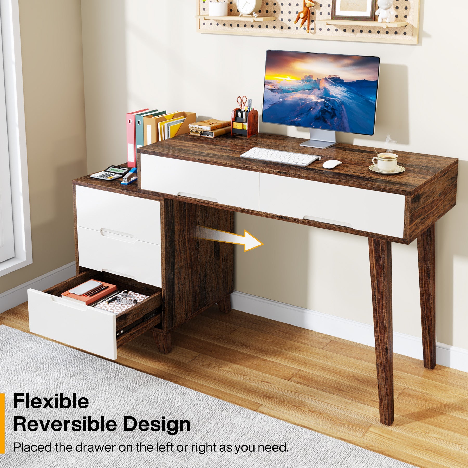 Reversible Computer Desk Writing Table with 5 Drawers