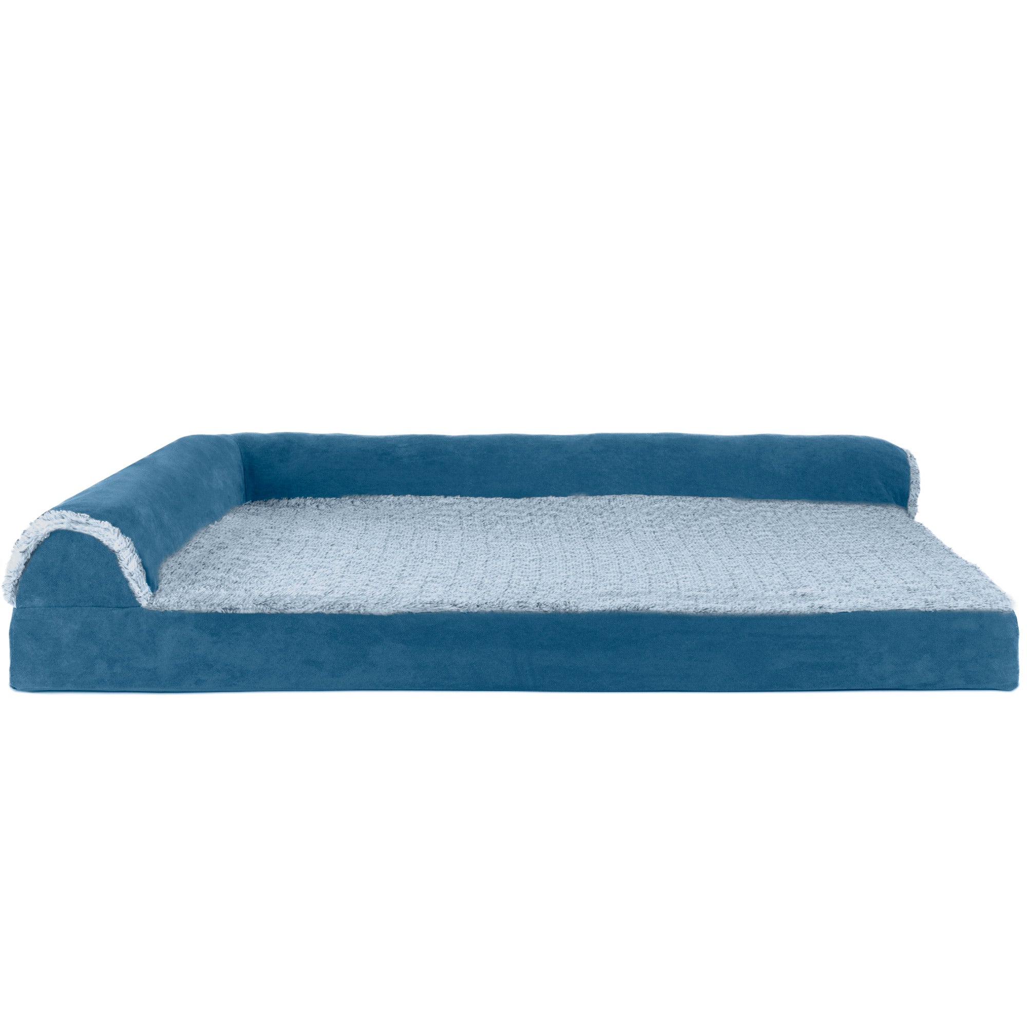 FurHaven Pet Products | Deluxe Memory Foam Chaise Faux Fur and Suede L-Shaped Lounge Pet Bed for Dogs and Cats， Marine Blue， Jumbo