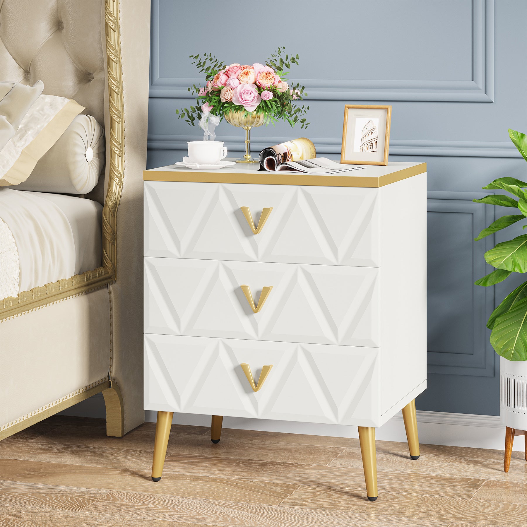 Modern Nightstand, Wooden Bedside Table with 3 Drawers