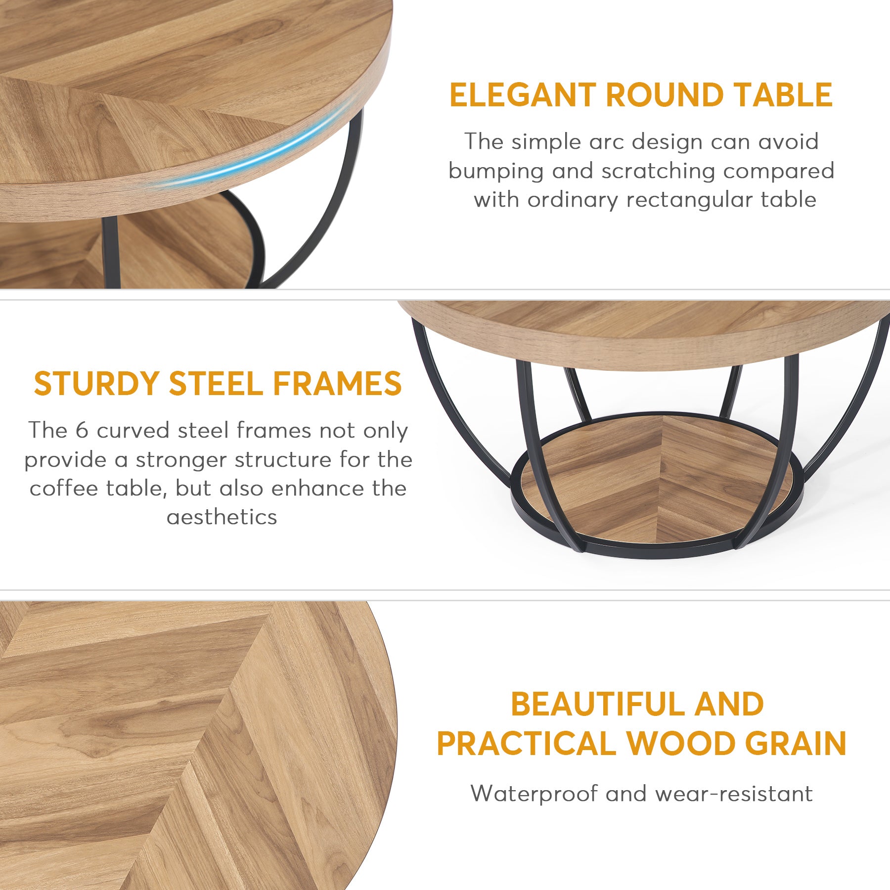 Wooden Coffee Table, 2-Tier Round Central Cocktail Table with Shelves