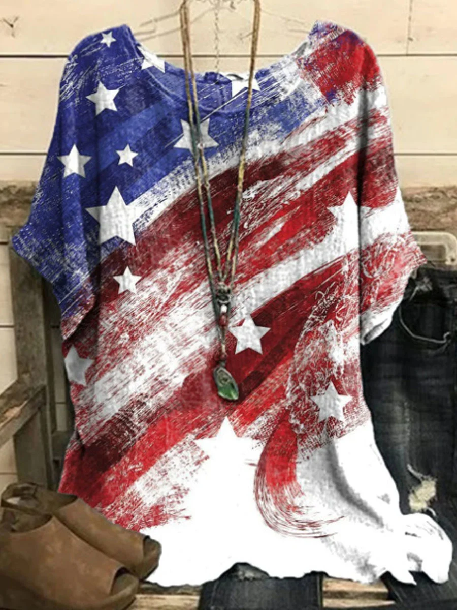 Round Neck Casual Loose Flag Print Short Sleeve Blouse