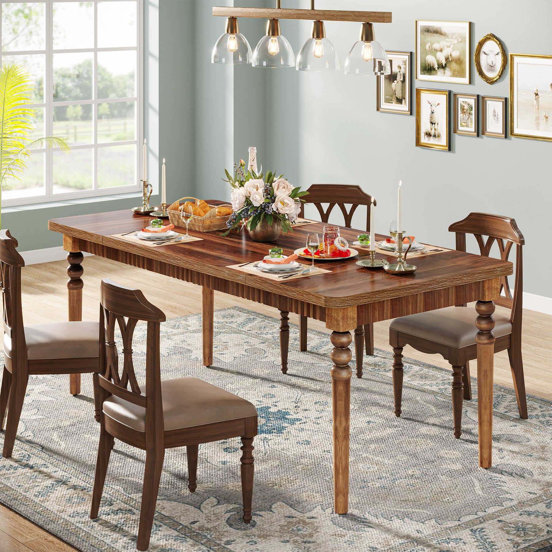 Farmhouse Dining Table for 4-6 People, Kitchen Table with Solid Wood Turned Legs