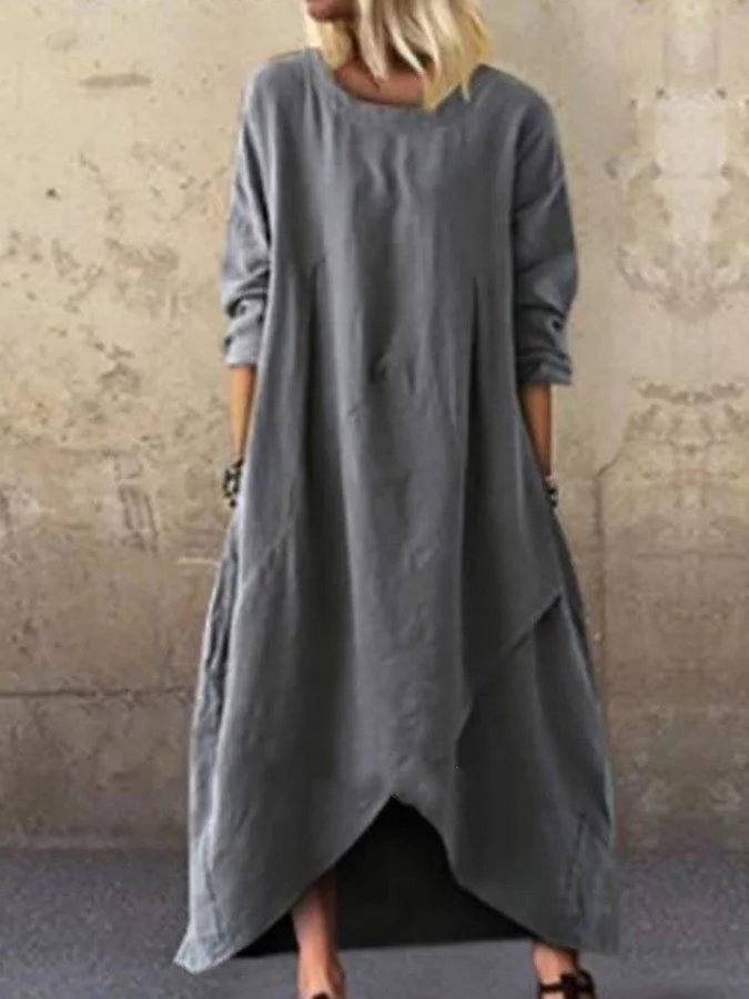 Solid Color Cotton And Linen Dress