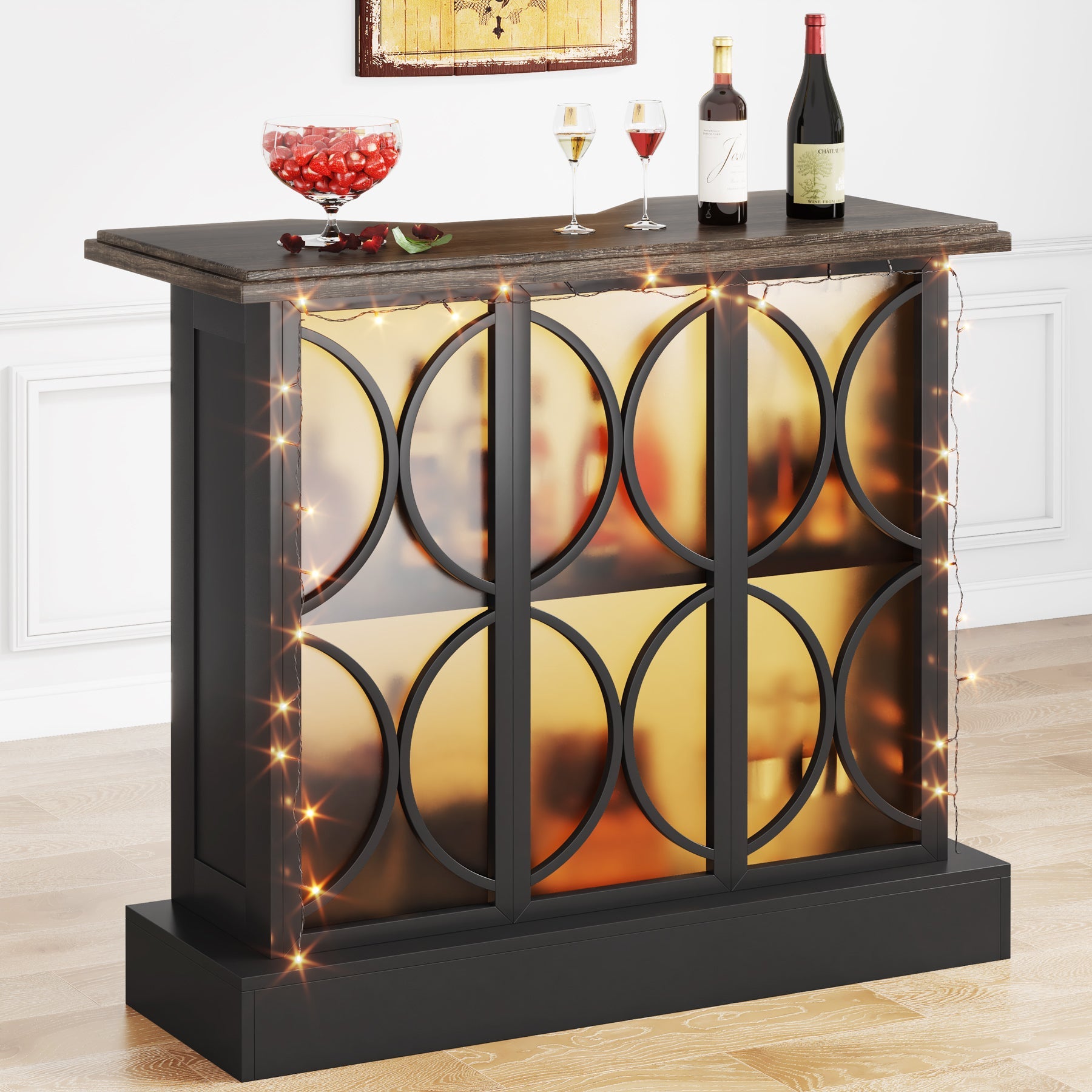 3-Tier Home Bar Unit, Liquor Bar Table with Glasses Holder & Acrylic Front