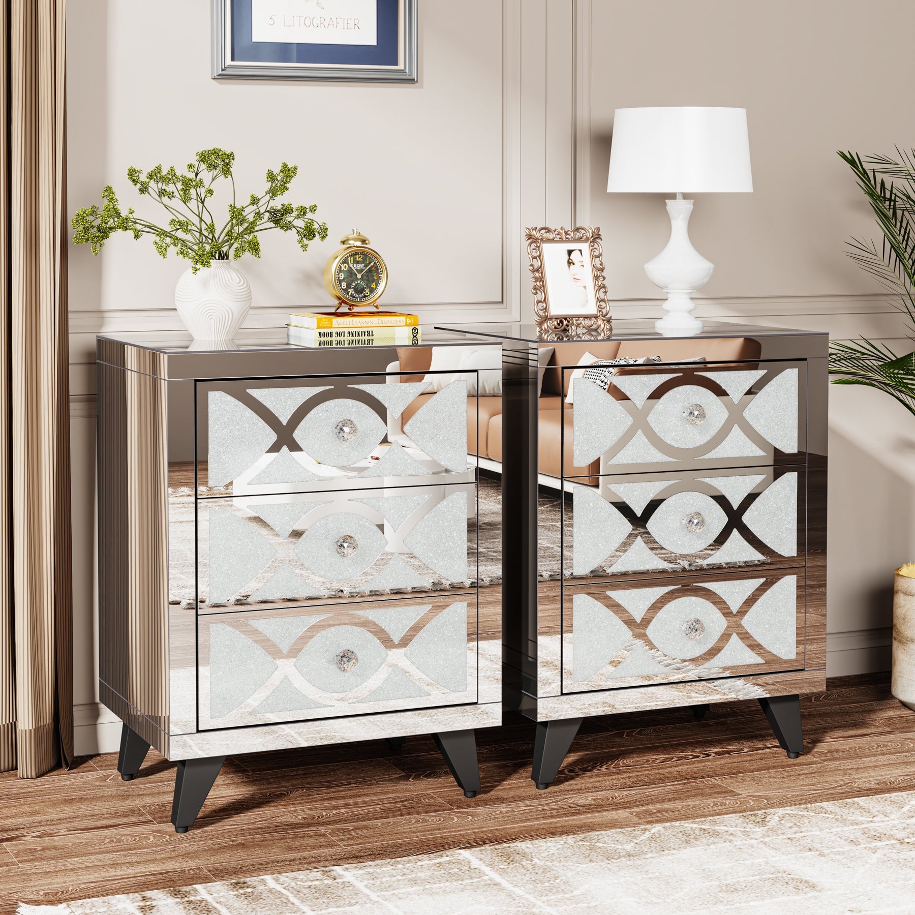 Mirrored Nightstand with 3 Drawers, Modern Bedside Table for Bedroom