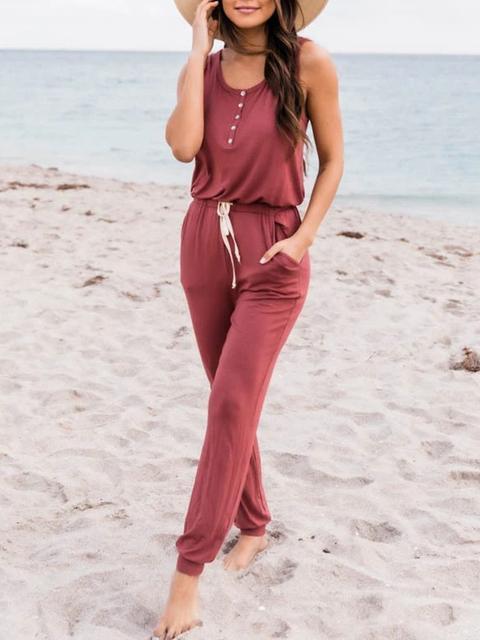Sleeveless Lace-up Casual Solid Jumpsuit