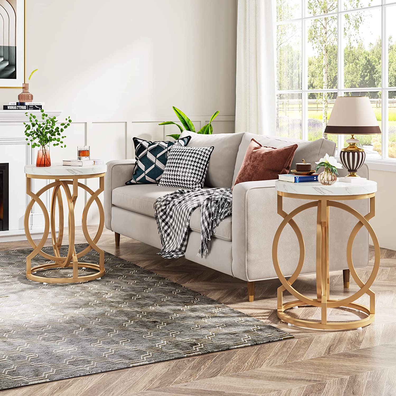 Round End Table, Modern Bedside Table with Faux Marble Top