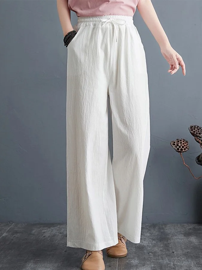 Women's cotton linen high waist mopping pants straight trousers casual pants wide leg pants