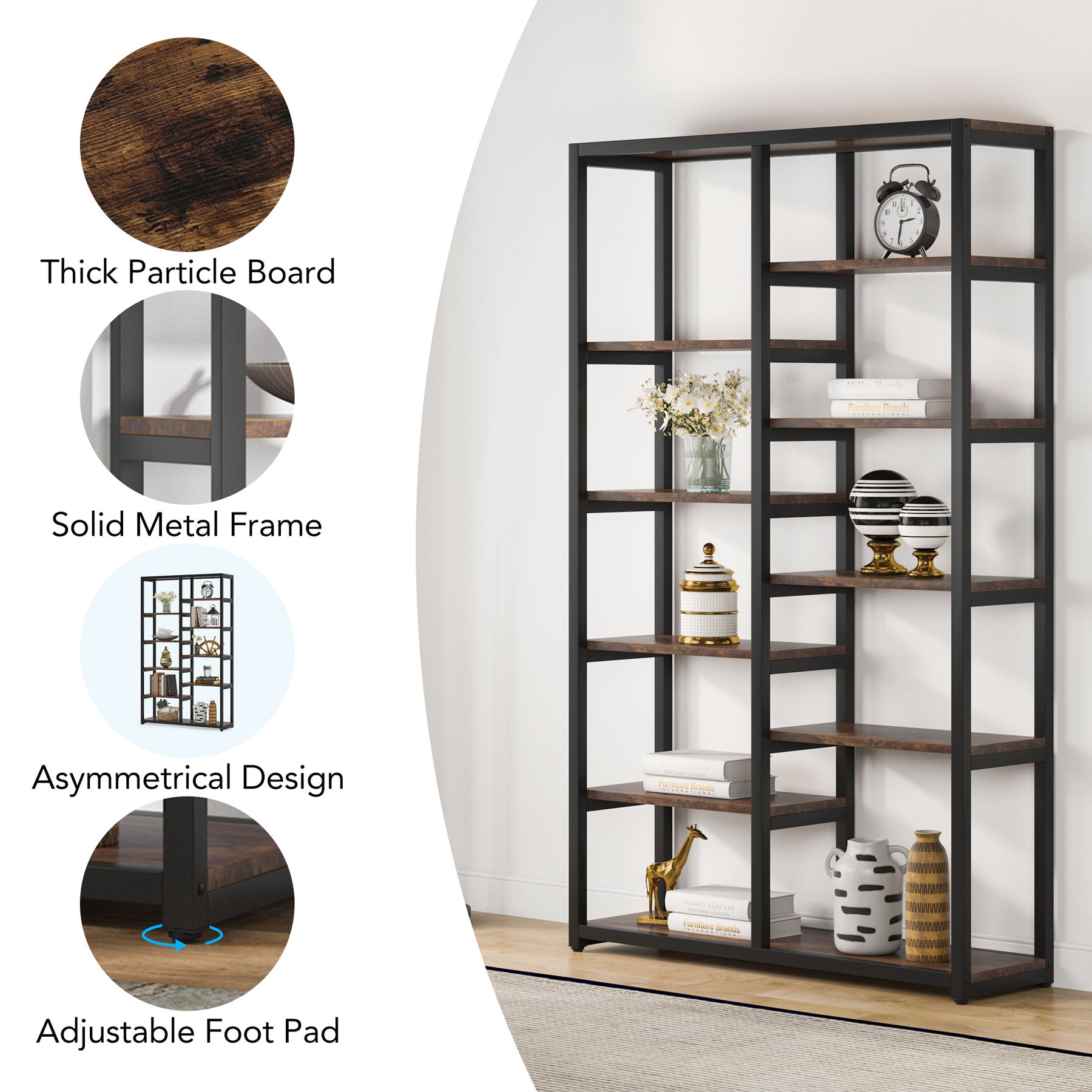 Industrial Bookshelf Bookcase, 10-Open Shelf Etagere Bookcase