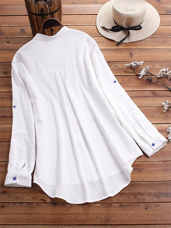 Women's Cotton Linen Stand Collar Print Shirt