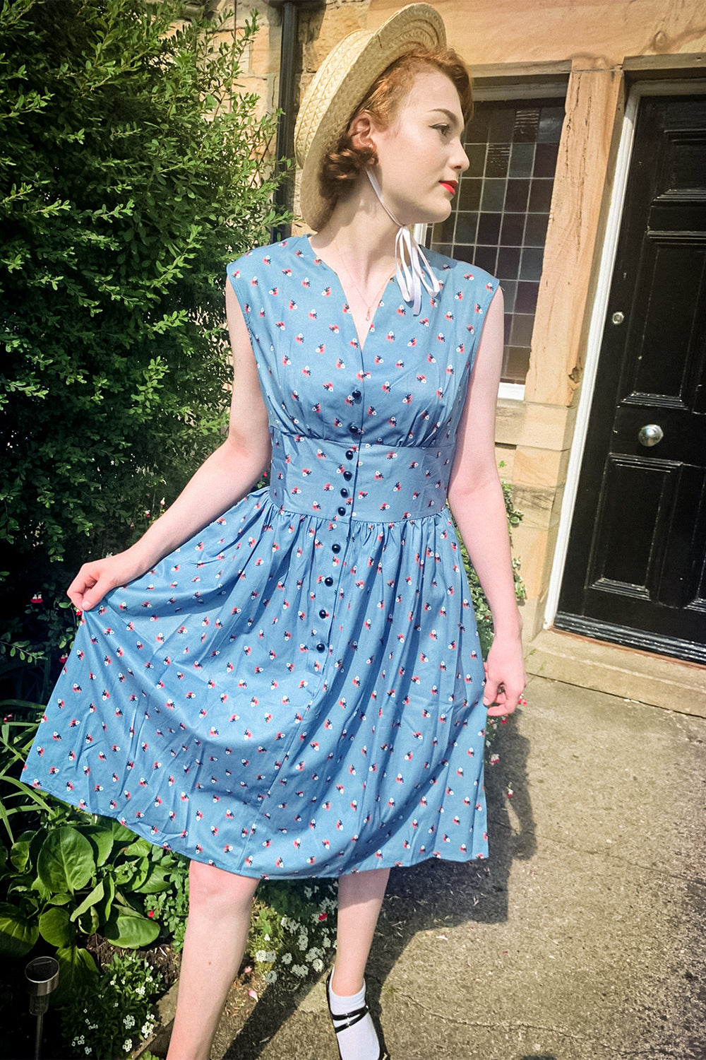Blue 1950s Button Plaid Swing Dress