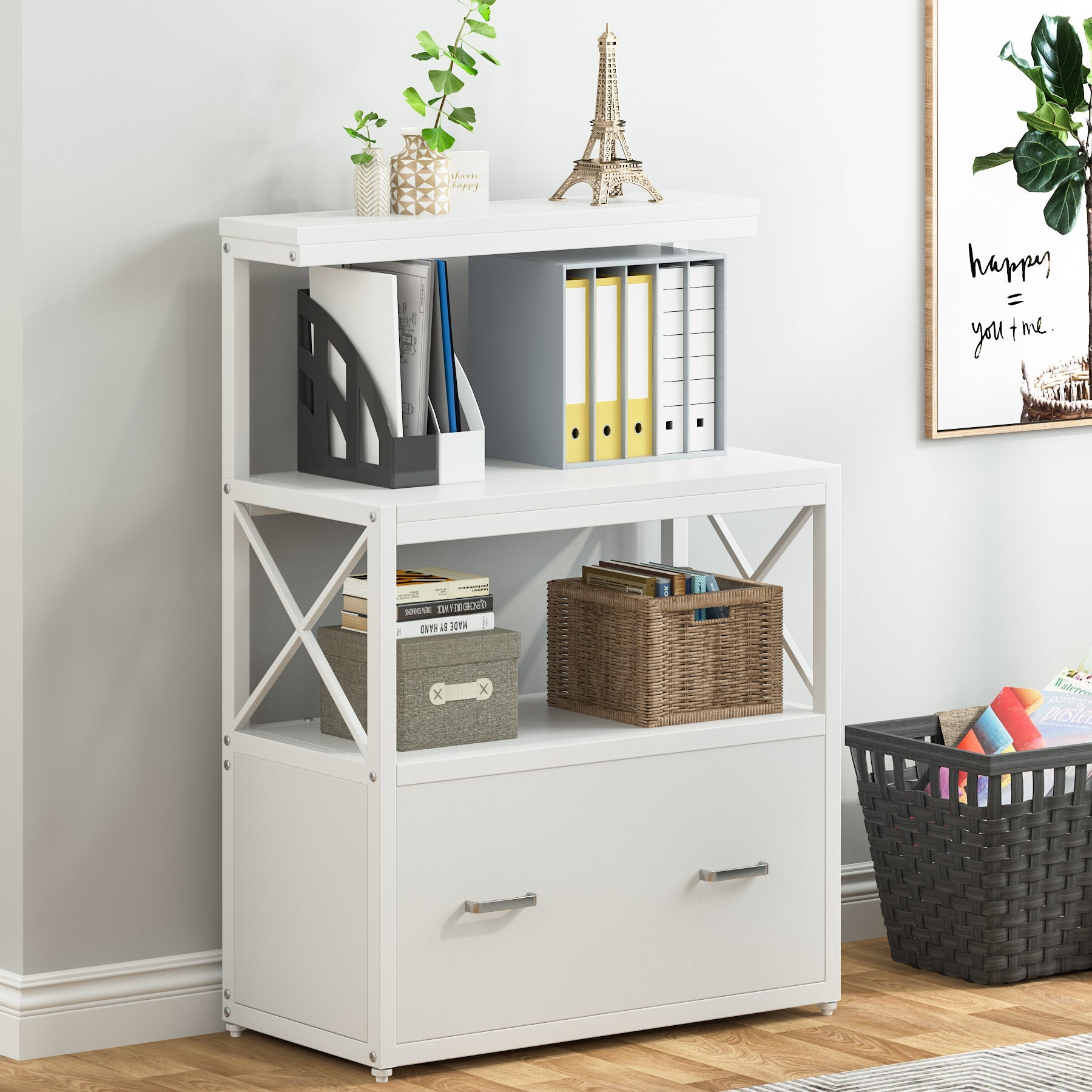 Lateral File Cabinet Printer Stand with Drawer & Shelves