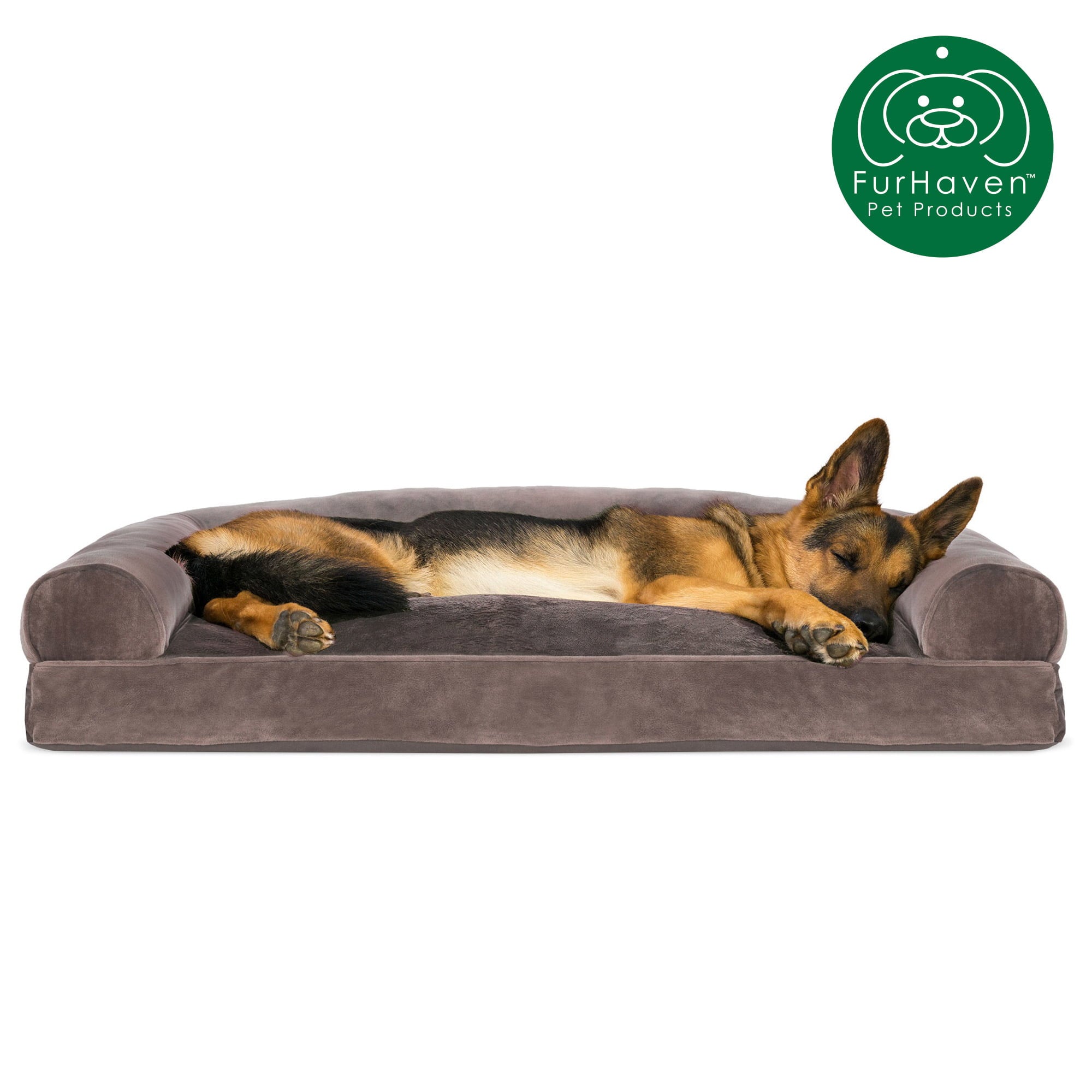 Furhaven Pet Products | Faux Fur and Velvet Pillow Sofa Pet Bed for Dogs and Cats， Driftwood Brown， Jumbo