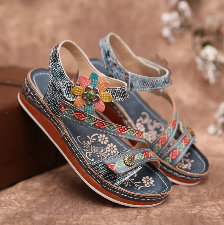 Women Retro Leather Painted Embossed Floral Wedge Sandals