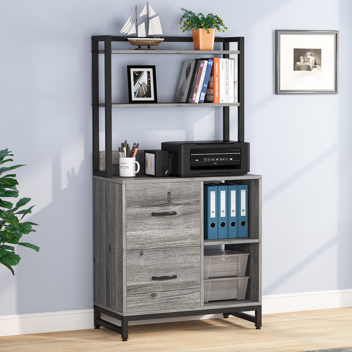 2-Drawer File Cabinet, Industrial Vertical Filling Cabinet with Bookshelf