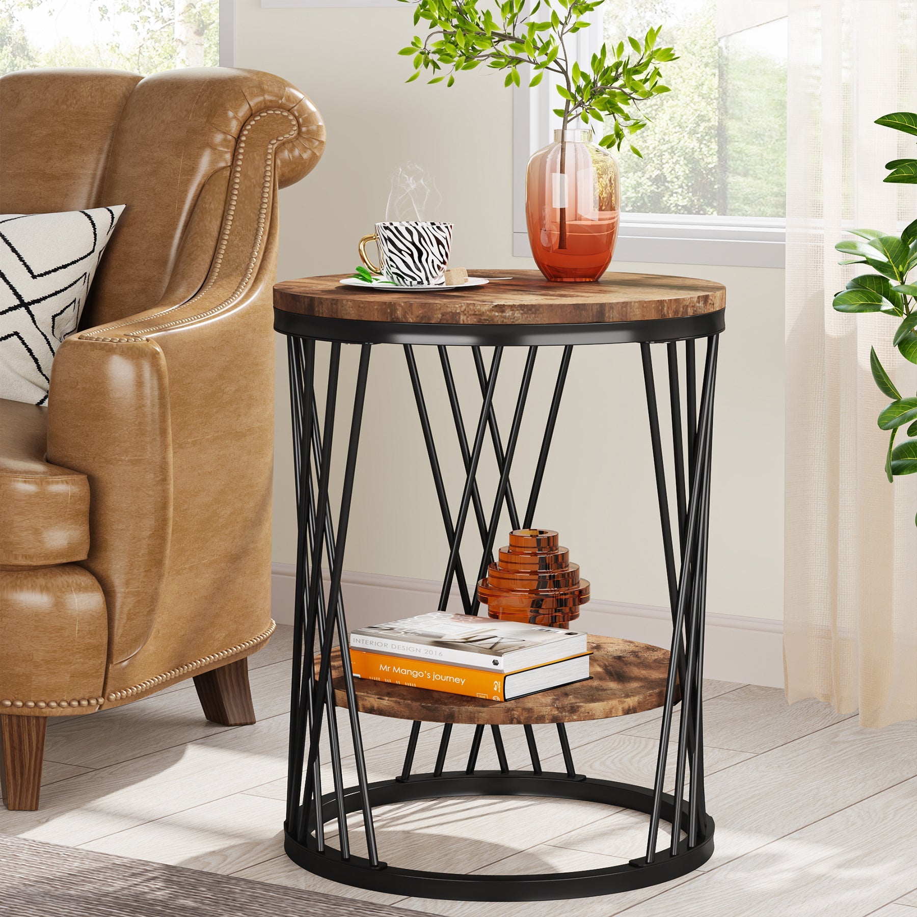 2-Tier End Table, Round Bedside Table with Faux Marble Shelves