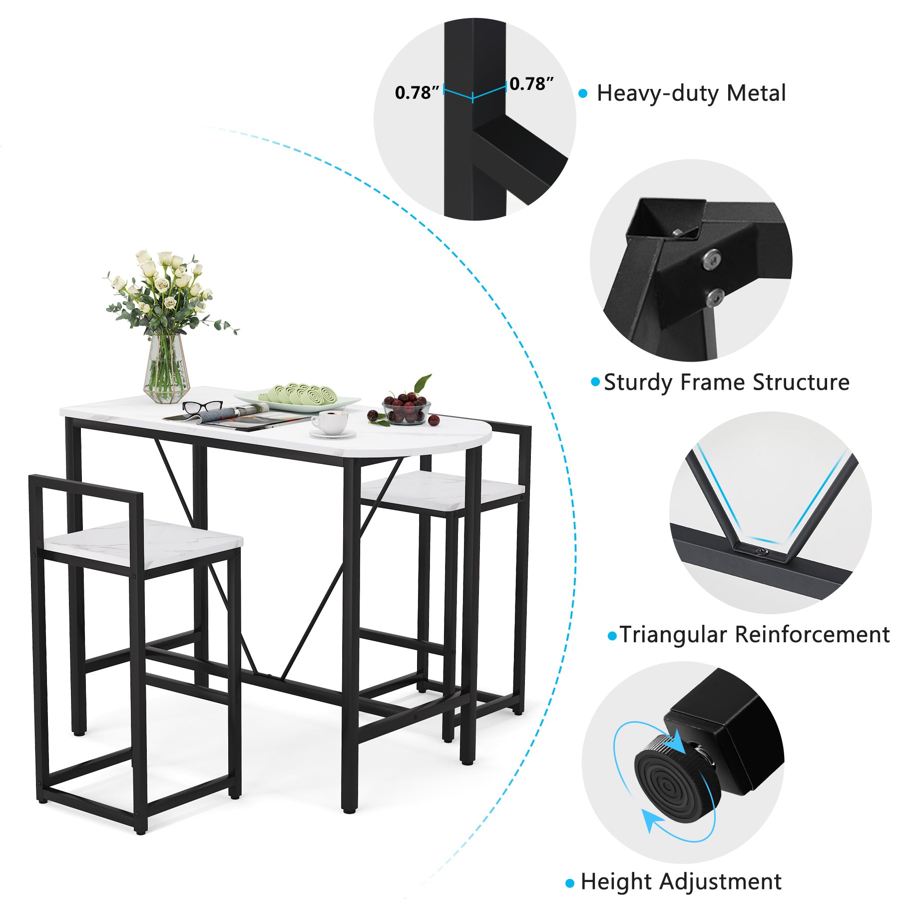 3-Piece Bar Table Set, Kitchen Pub Dining Table and 2 Stools