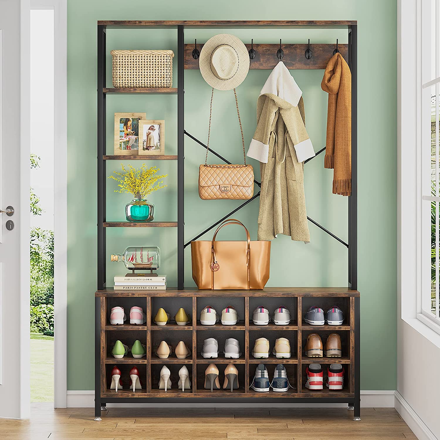 Industrial Coat Rack Shoe Bench, Entryway Hall Tree with Storage Shelves