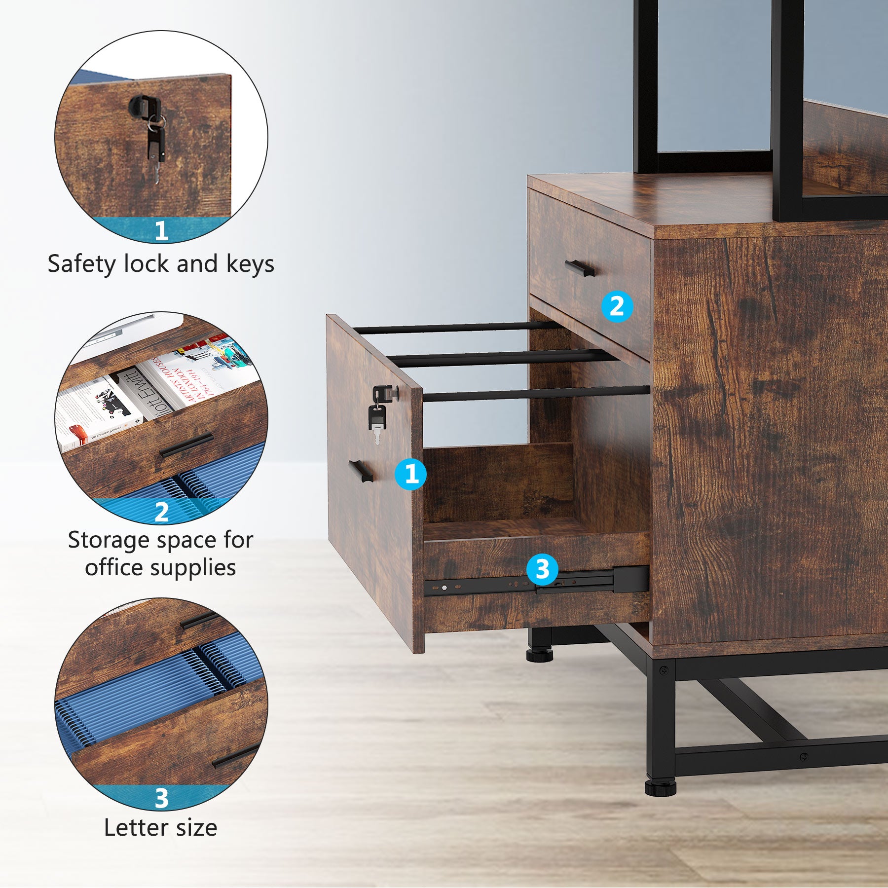 2-Drawer File Cabinet, Vertical Filing Cabinet with Lock & Bookshelf