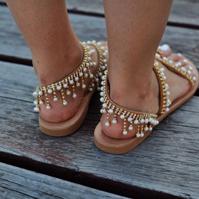 Women Flat Pearl Comfortable String Bead Slippers Sandals