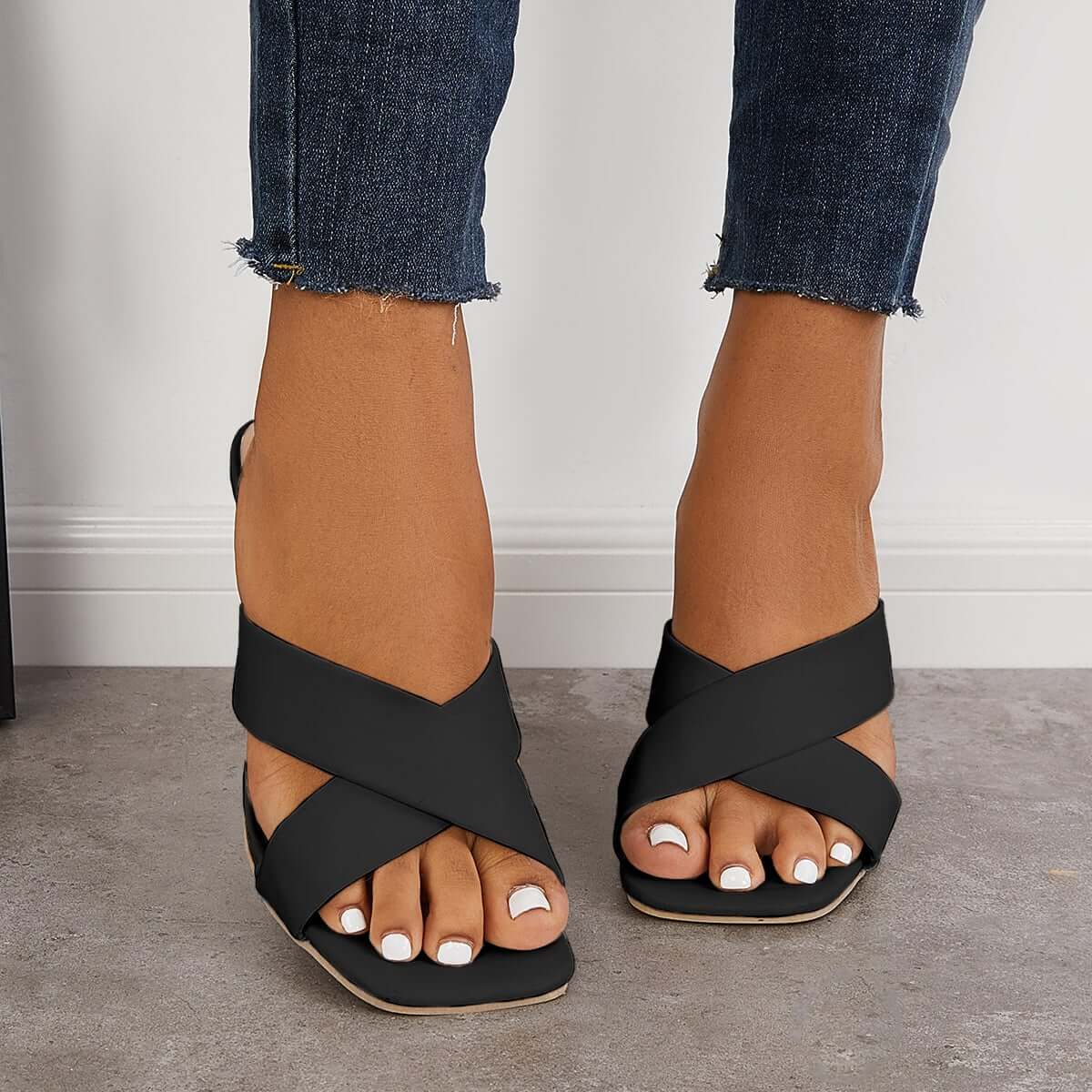 Square Toe Cross Slip On Mid Heel Slipper Dress Sandals