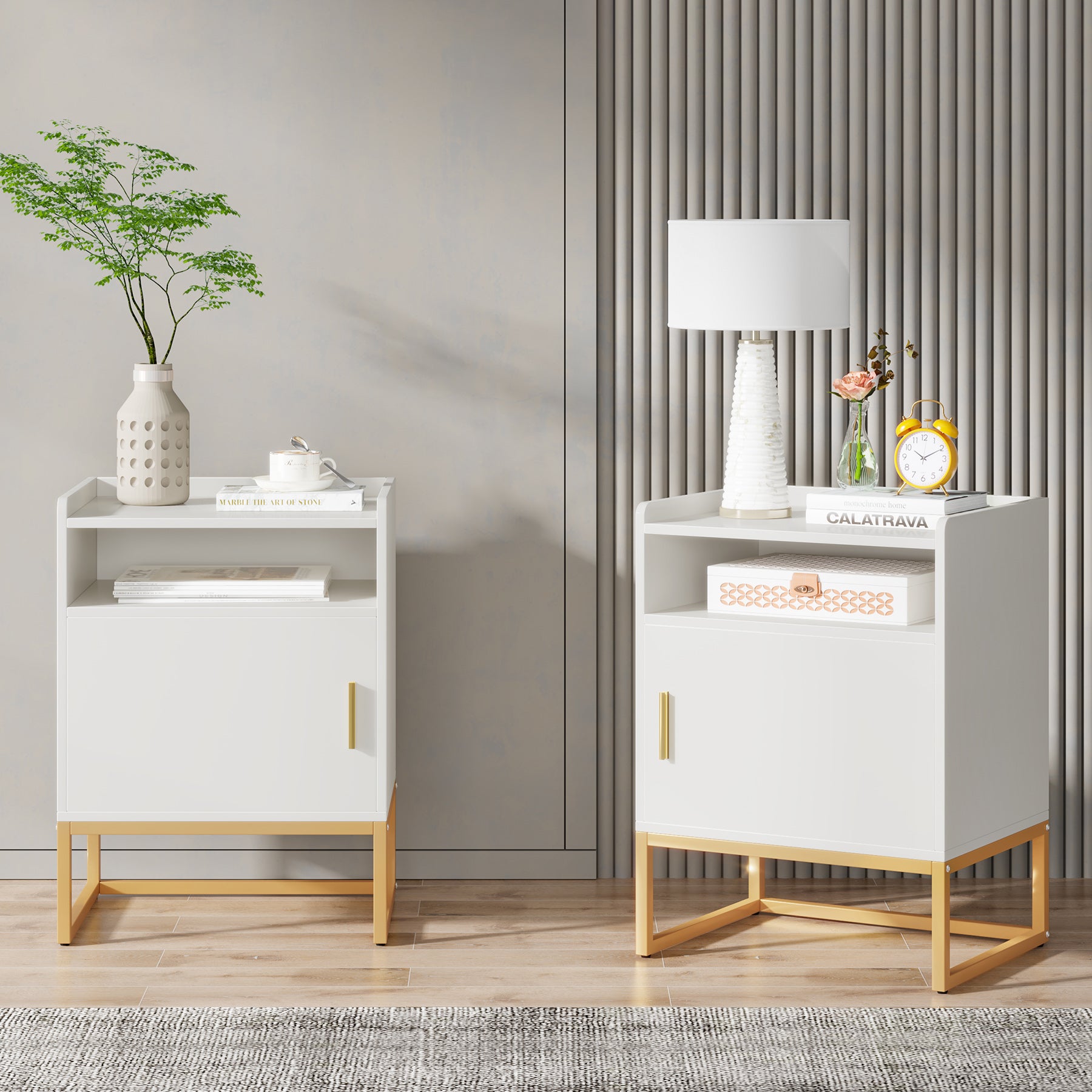 Modern Nightstand Bedside Table with Cabinet and Storage Shelf